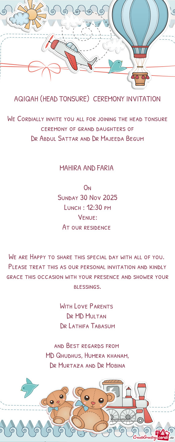 AQIQAH (HEAD TONSURE) CEREMONY INVITATION