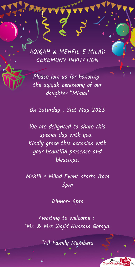 AQIQAH & MEHFIL E MILAD CEREMONY INVITATION