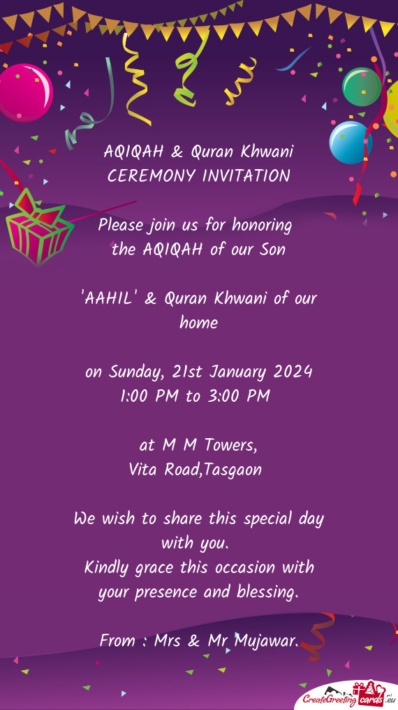 AQIQAH & Quran Khwani CEREMONY INVITATION