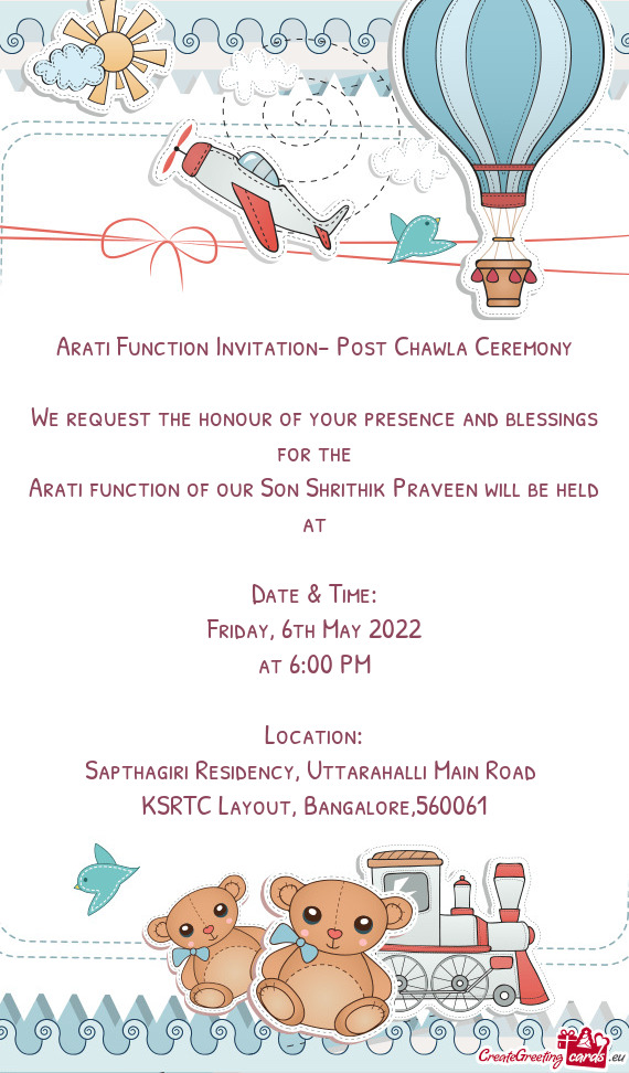 Arati Function Invitation- Post Chawla Ceremony