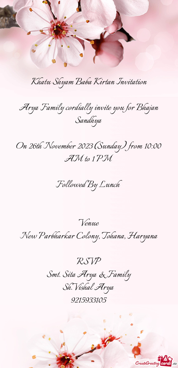Arya Family cordially invite you for Bhajan Sandhya