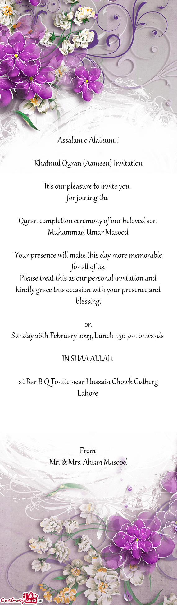 Assalam o Alaikum!! Khatmul Quran (Aameen) Invitation It