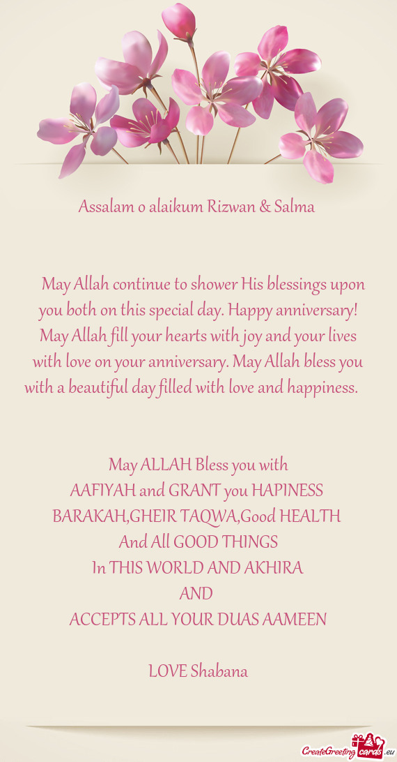 Assalam o alaikum Rizwan & Salma