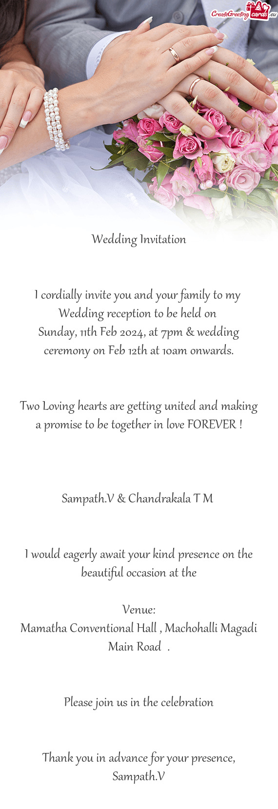 At 7pm & wedding ceremony on Feb 12th at 10am onwards