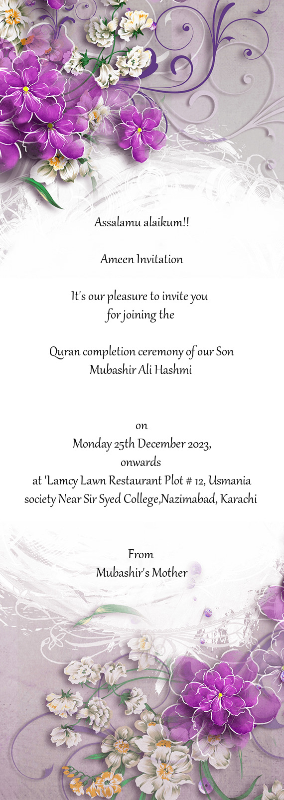 At "Lamcy Lawn Restaurant Plot # 12, Usmania society Near Sir Syed College,Nazimabad, Karachi