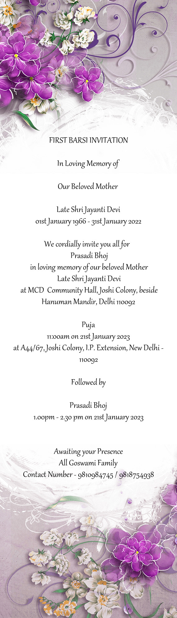 At MCD Community Hall, Joshi Colony, beside Hanuman Mandir, Delhi 110092