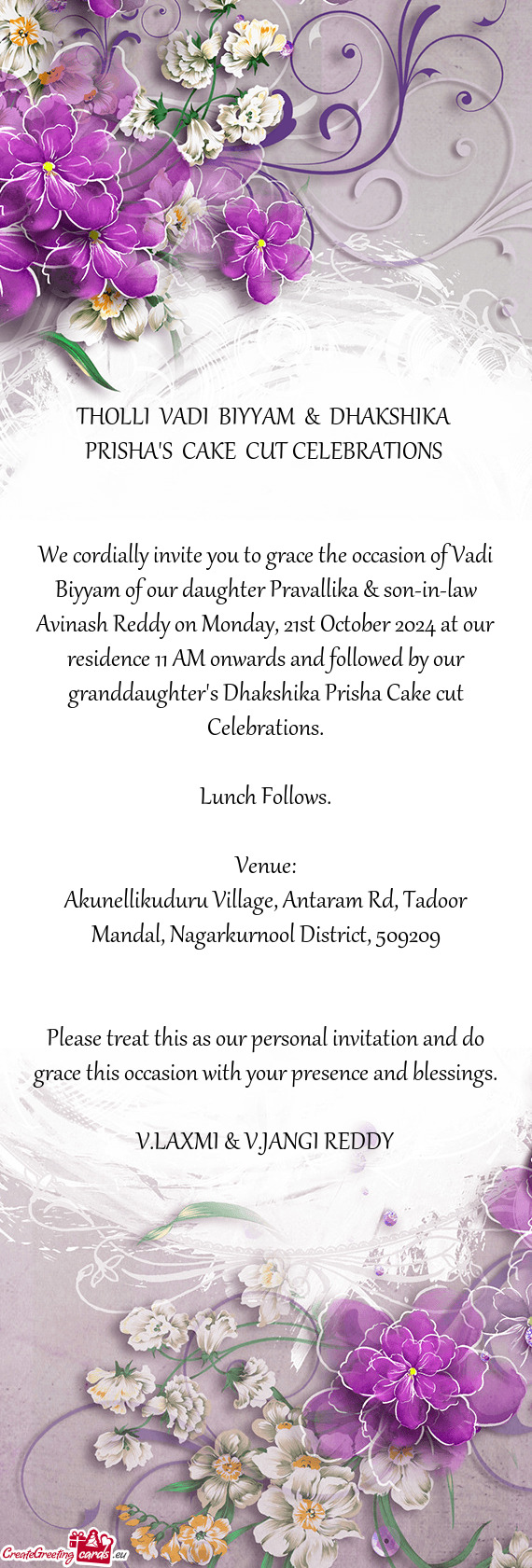 Avinash Reddy on Monday, 21st October 2024 at our residence 11 AM onwards and followed by our grand