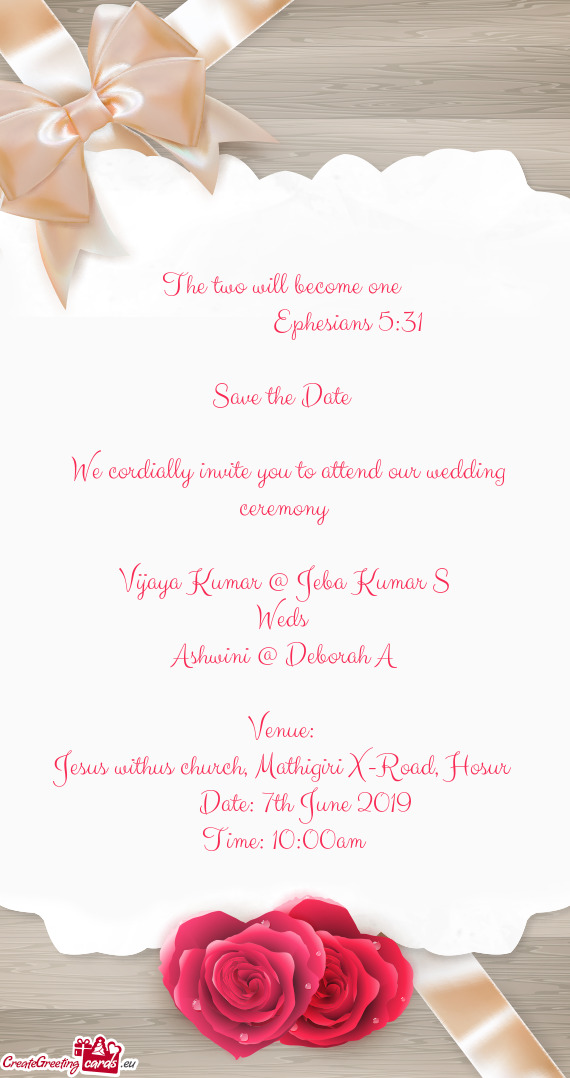 Ba Kumar S
 Weds 
 Ashwini @ Deborah A
 
 Venue