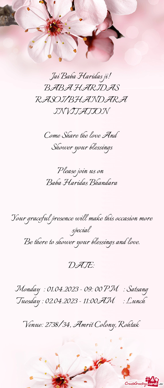 BABA HARIDAS RASOI/BHANDARA INVITATION