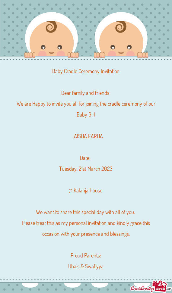 Baby Cradle Ceremony Invitation Dear family and friends We are Happy to invite you all for join