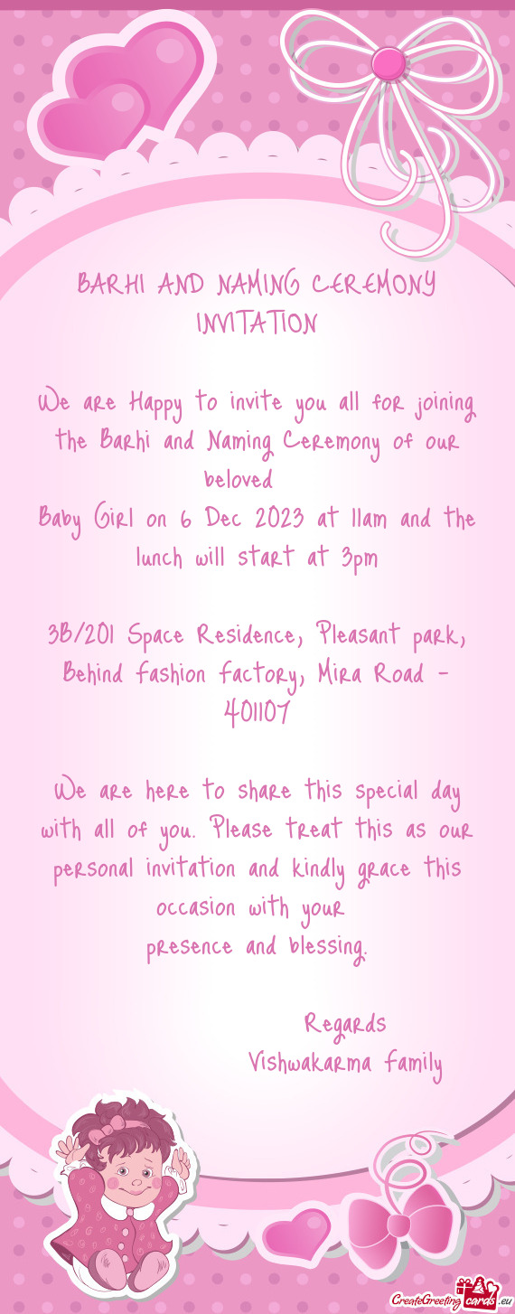 Baby Girl on 6 Dec 2023 at 11am and the lunch will start at 3pm