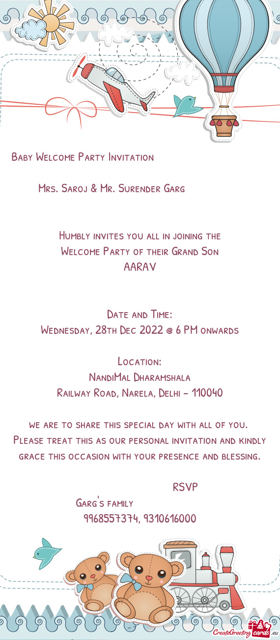 Baby Welcome Party Invitation             Mrs. Saroj & Mr. Sure