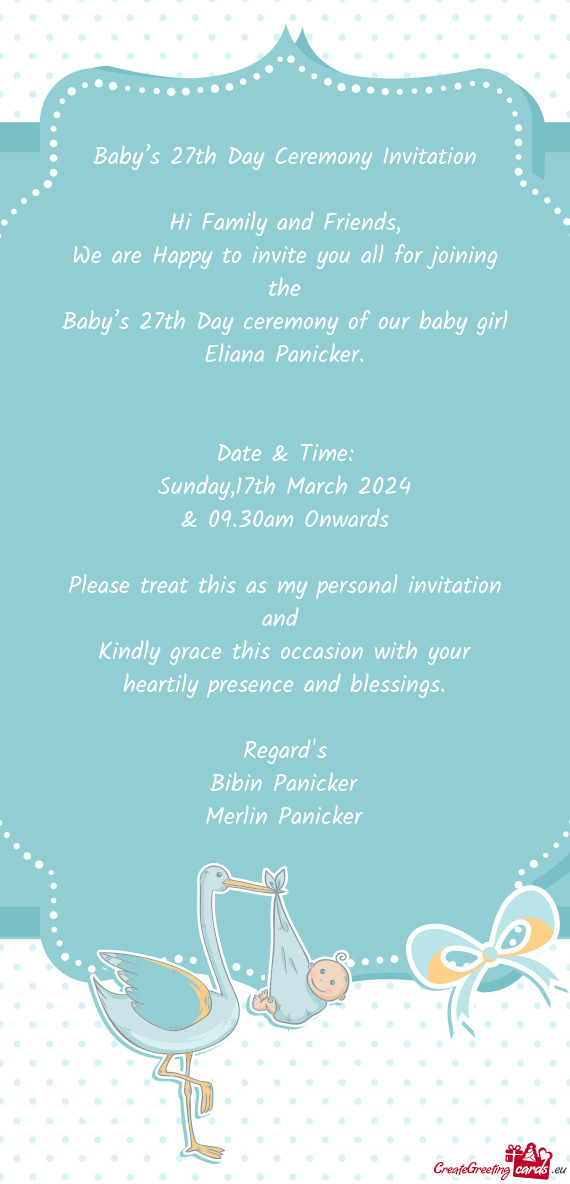 Baby’s 27th Day ceremony of our baby girl Eliana Panicker