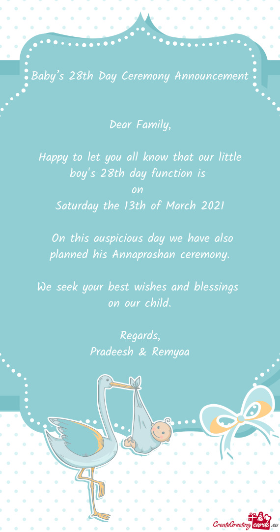Baby’s 28th Day Ceremony Announcement