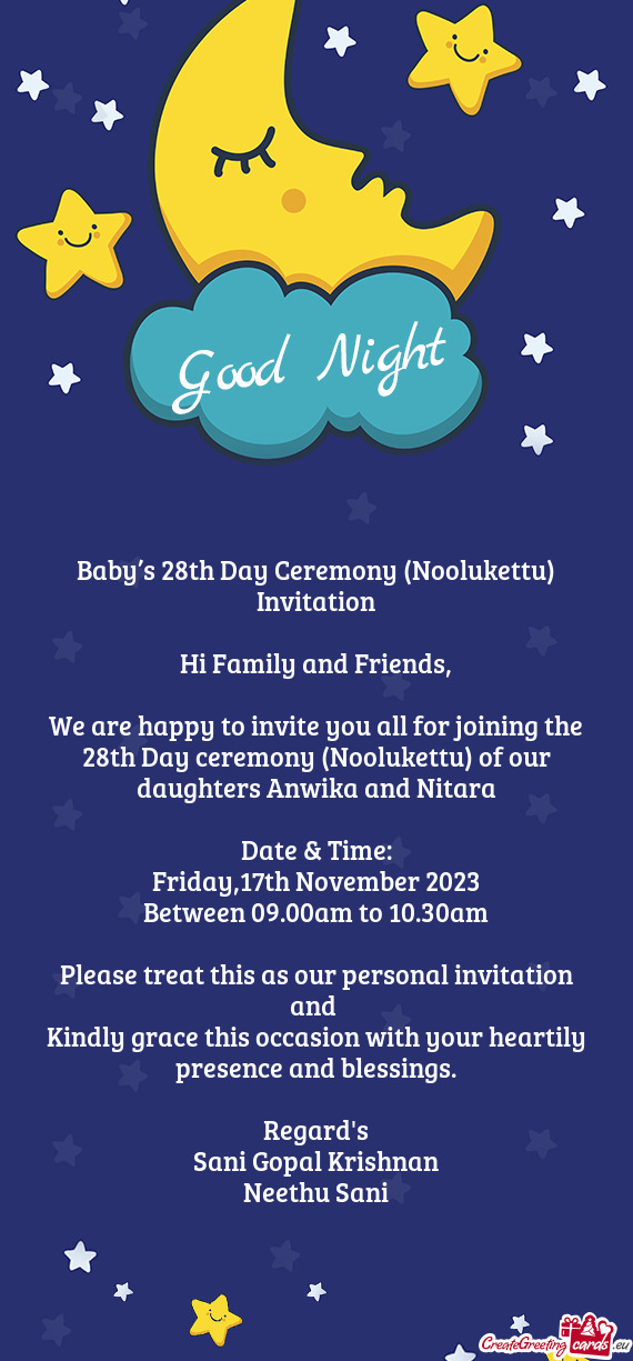 Baby’s 28th Day Ceremony (Noolukettu) Invitation Hi Family and Friends
