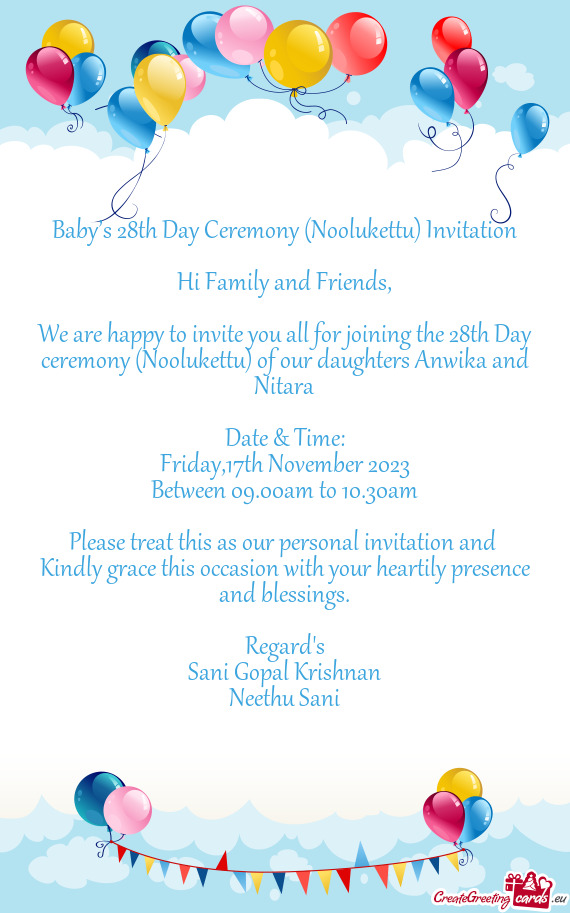 Baby’s 28th Day Ceremony (Noolukettu) Invitation
