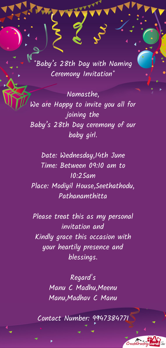 Baby’s 28th Day with Naming Ceremony Invitation