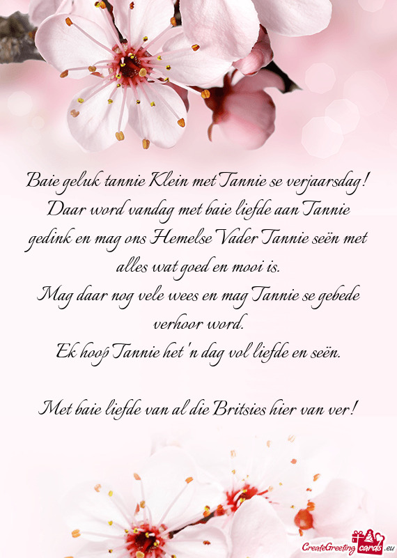 Baie geluk tannie Klein met Tannie se verjaarsdag