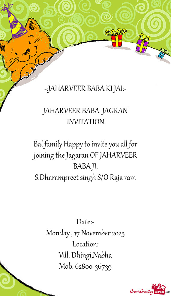 Bal family Happy to invite you all for joining the Jagaran OF JAHARVEER BABA JI