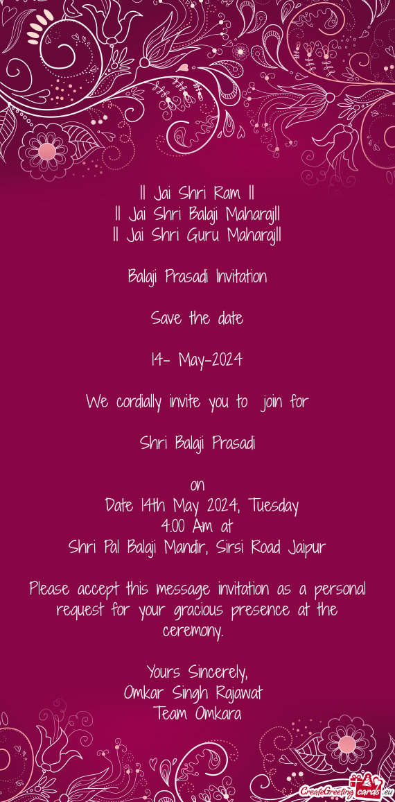 Balaji Prasadi Invitation