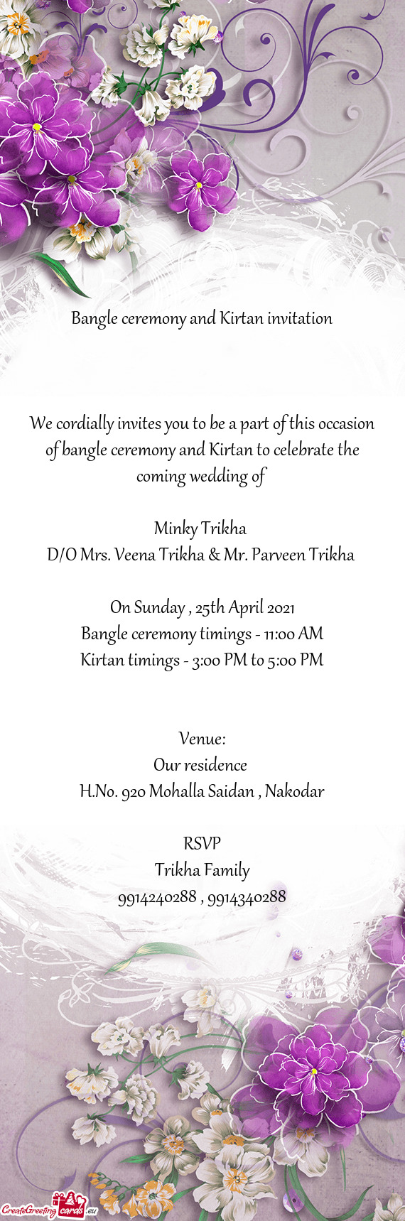Bangle ceremony and Kirtan invitation