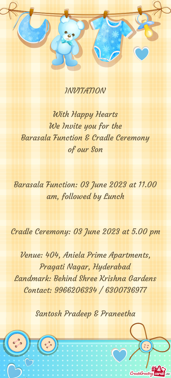 Barasala Function: 03 June 2023 at 11.00 am, followed by Lunch