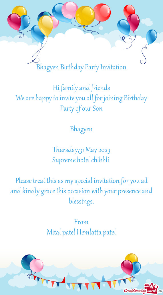 Bhagyen Birthday Party Invitation