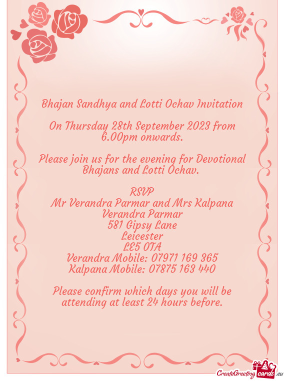 Bhajan Sandhya and Lotti Ochav Invitation