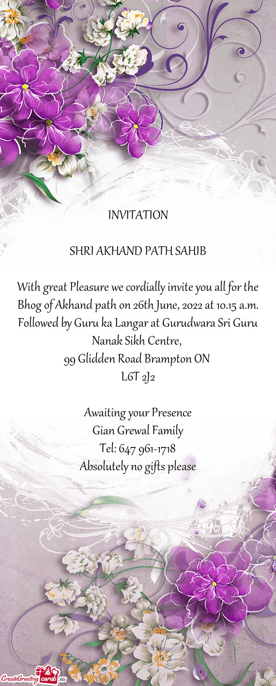 Bhog of Akhand path on 26th June, 2022 at 10.15 a.m