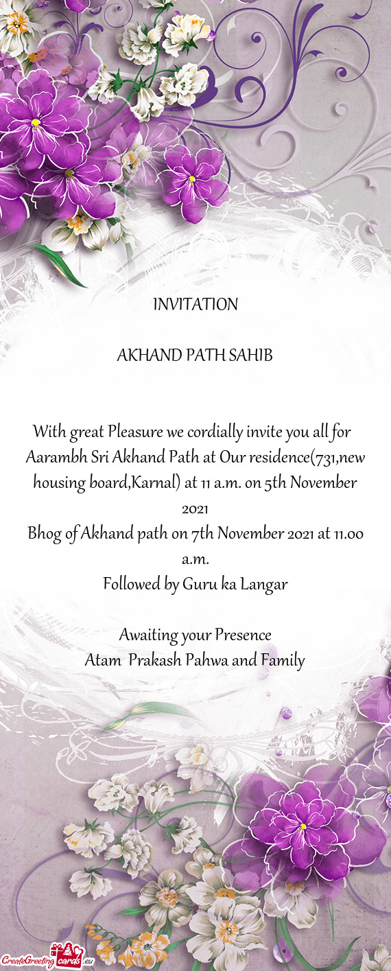 Bhog of Akhand path on 7th November 2021 at 11.00 a.m