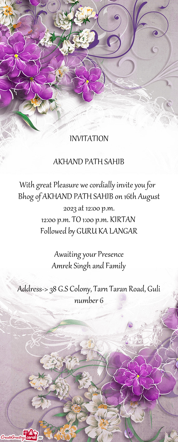 Bhog of AKHAND PATH SAHIB on 16th August 2023 at 12:00 p.m