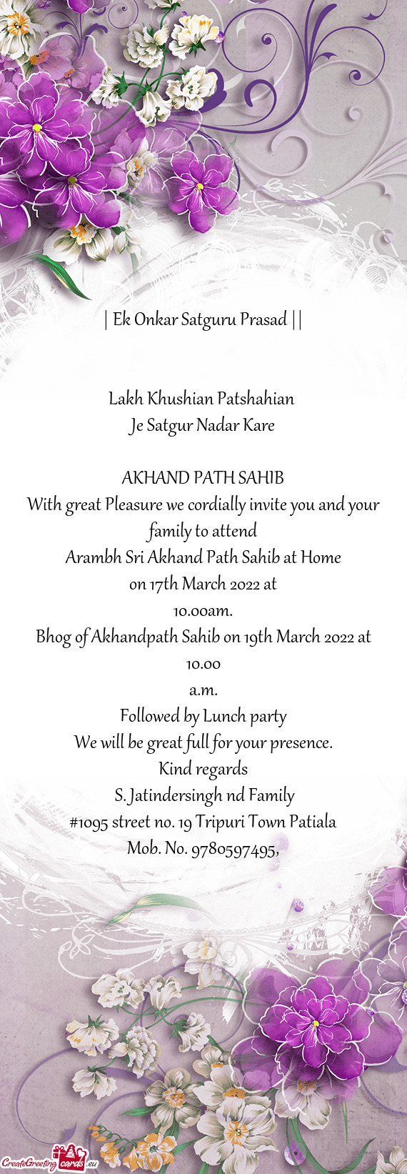 Bhog of Akhandpath Sahib on 19th March 2022 at 10.00