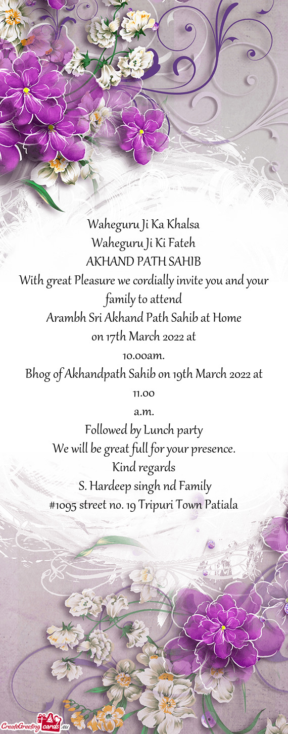Bhog of Akhandpath Sahib on 19th March 2022 at 11.00