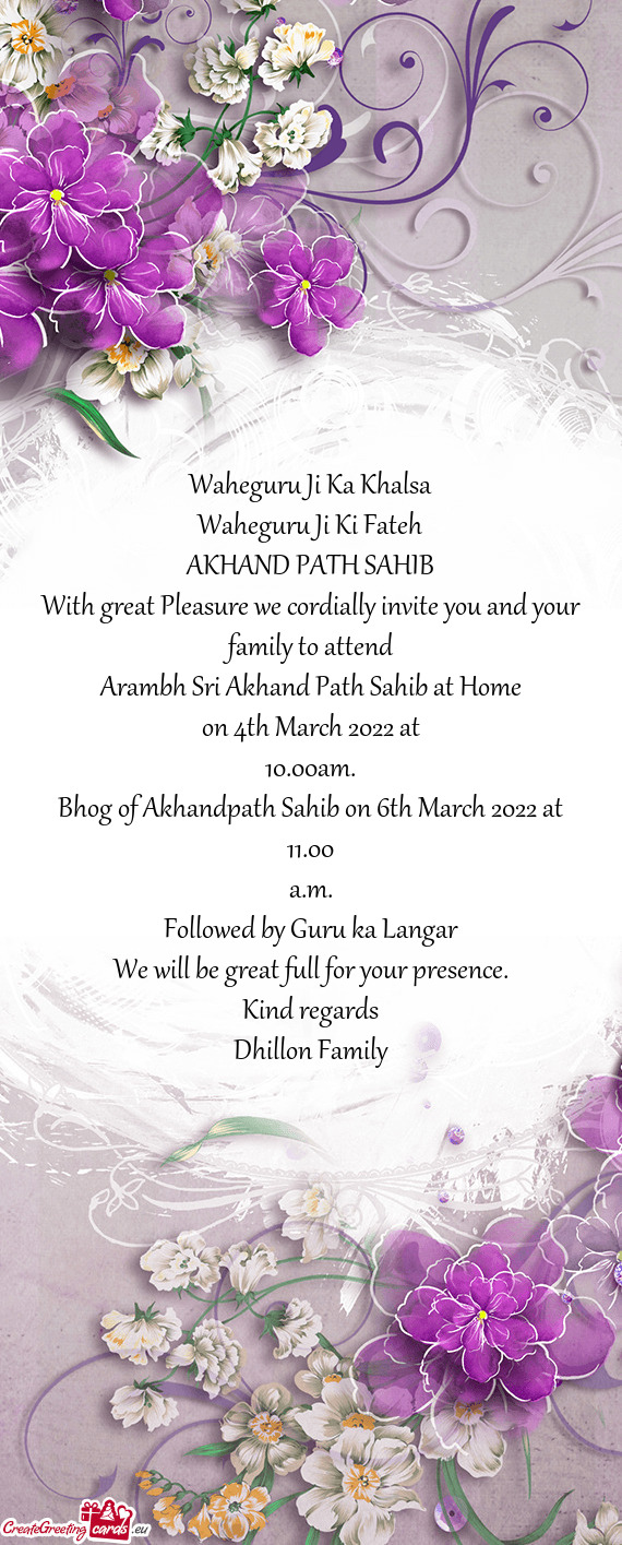 Bhog of Akhandpath Sahib on 6th March 2022 at 11.00