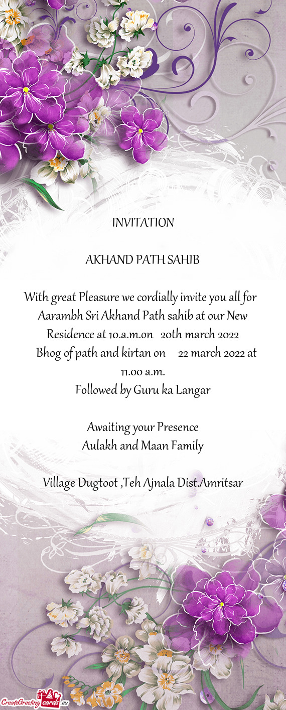 Bhog of path and kirtan on  22 march 2022 at 11.00 a.m