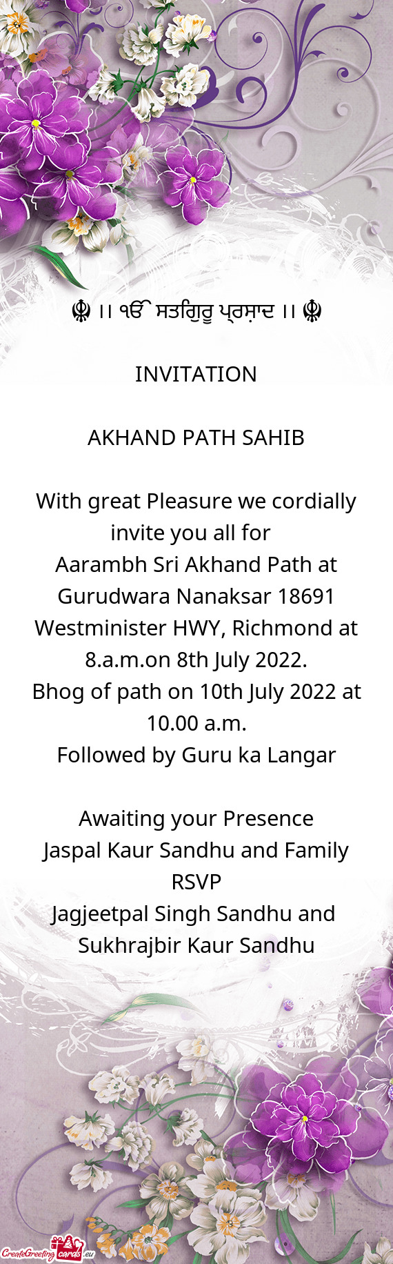 Bhog of path on 10th July 2022 at 10.00 a.m
