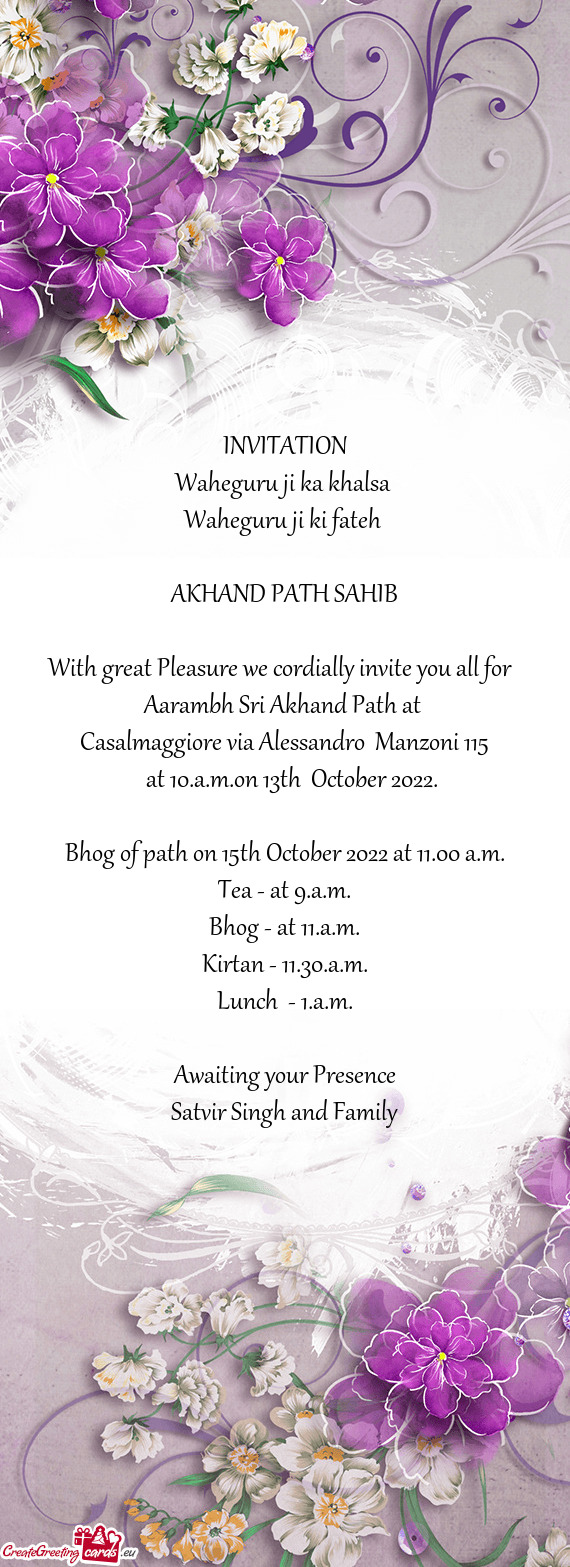 Bhog of path on 15th October 2022 at 11.00 a.m