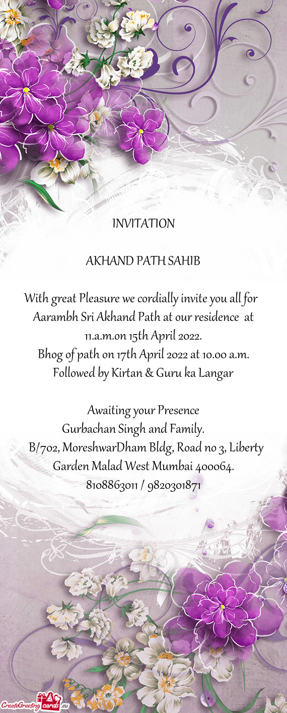Bhog of path on 17th April 2022 at 10.00 a.m