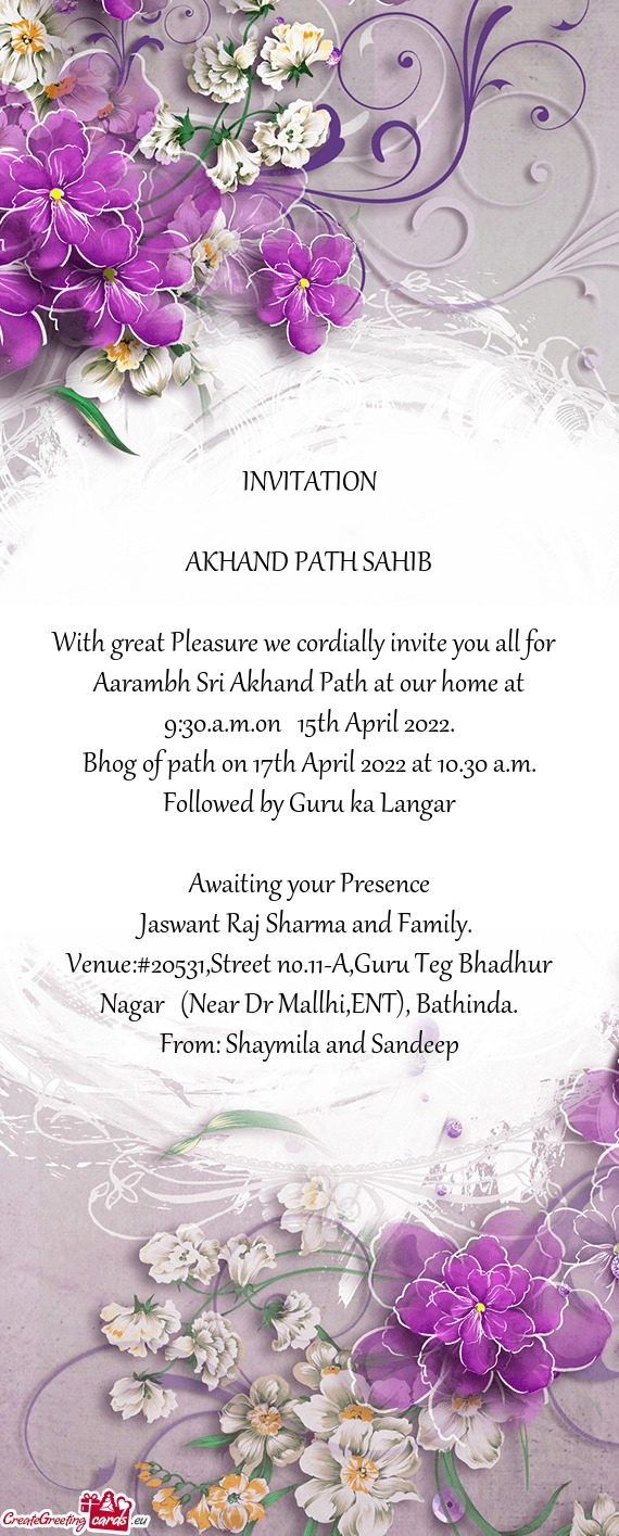 Bhog of path on 17th April 2022 at 10.30 a.m