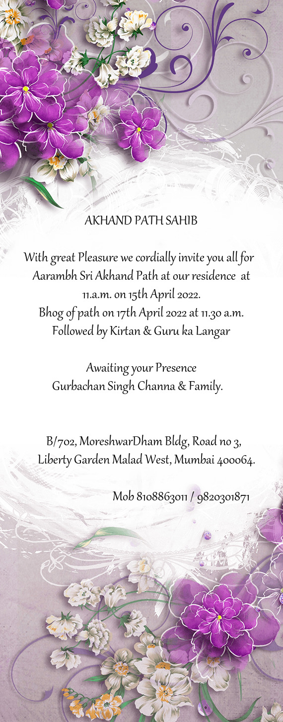 Bhog of path on 17th April 2022 at 11.30 a.m