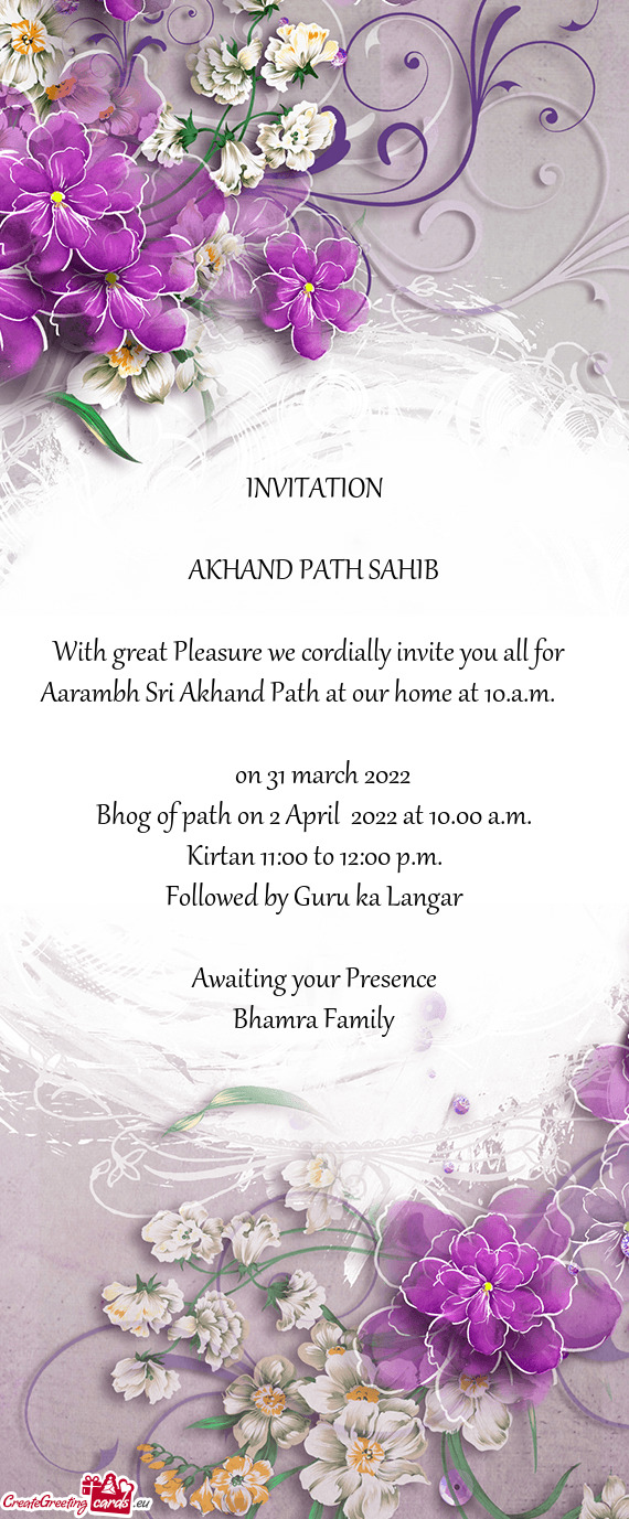 Bhog of path on 2 April 2022 at 10.00 a.m