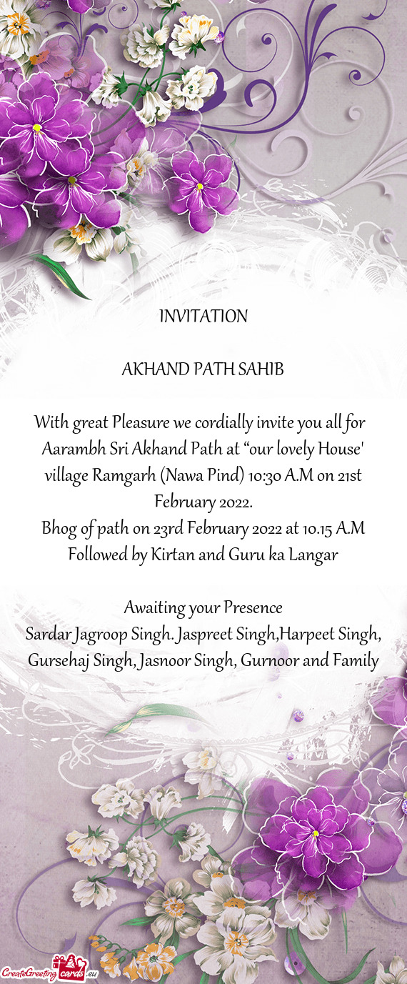 Bhog of path on 23rd February 2022 at 10.15 A.M