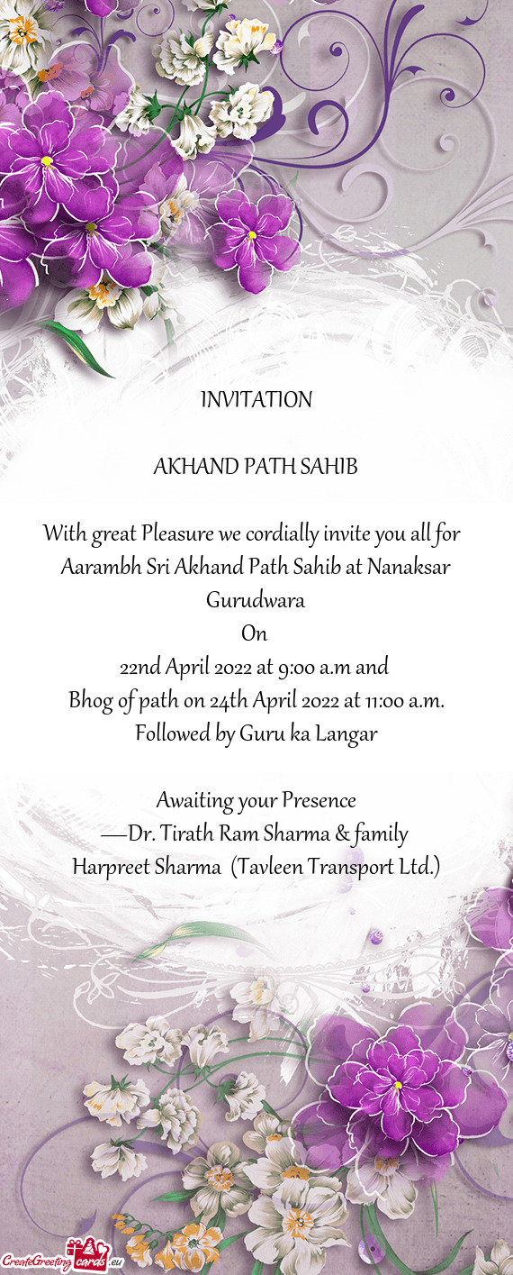 Bhog of path on 24th April 2022 at 11:00 a.m
