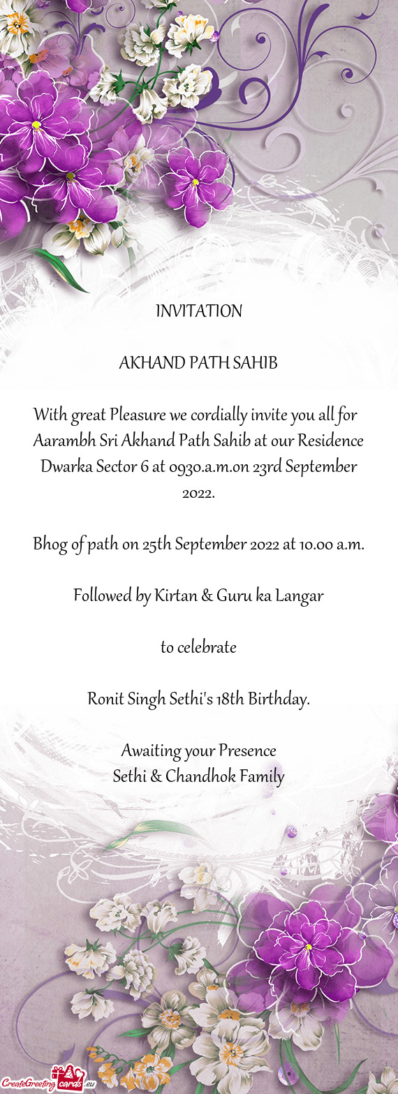 Bhog of path on 25th September 2022 at 10.00 a.m