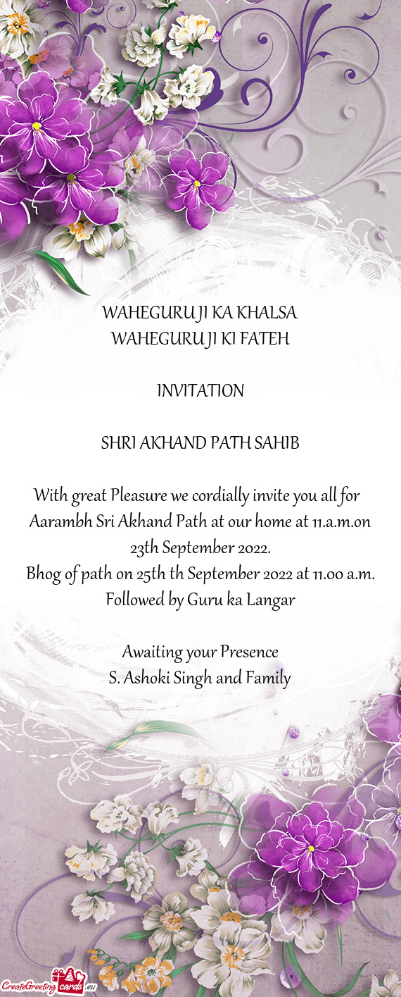 Bhog of path on 25th th September 2022 at 11.00 a.m
