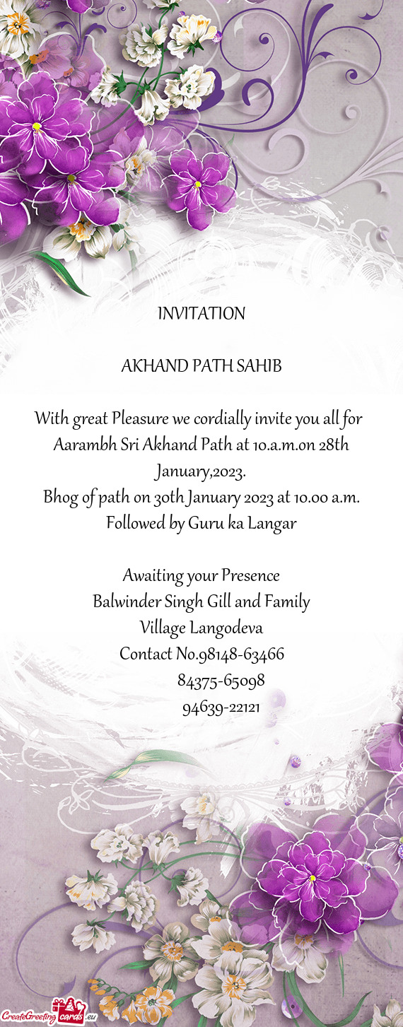 Bhog of path on 30th January 2023 at 10.00 a.m