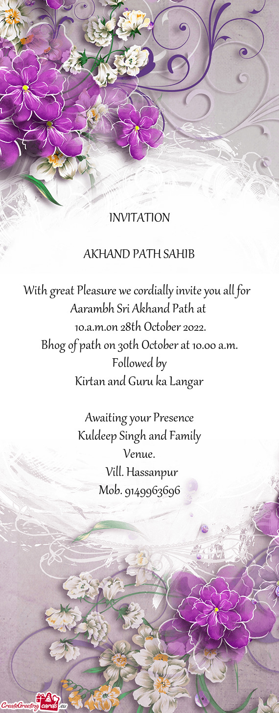 Bhog of path on 30th October at 10.00 a.m
