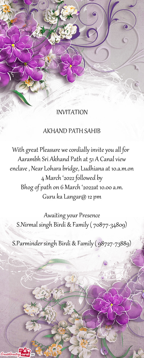 Bhog of path on 6 March ‘2022at 10.00 a.m