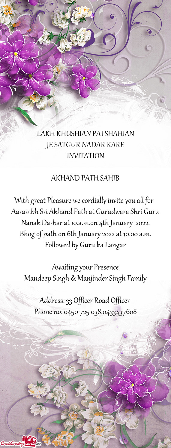 Bhog of path on 6th January 2022 at 10.00 a.m