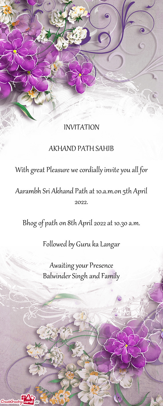Bhog of path on 8th April 2022 at 10.30 a.m